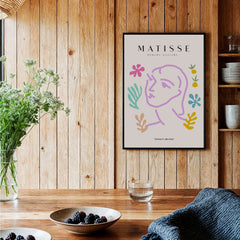 Matisse Art Prints -Line Art Face Abstract Botanical Collage Poster featuring lavender line drawing of abstract face and colorful botanicals.