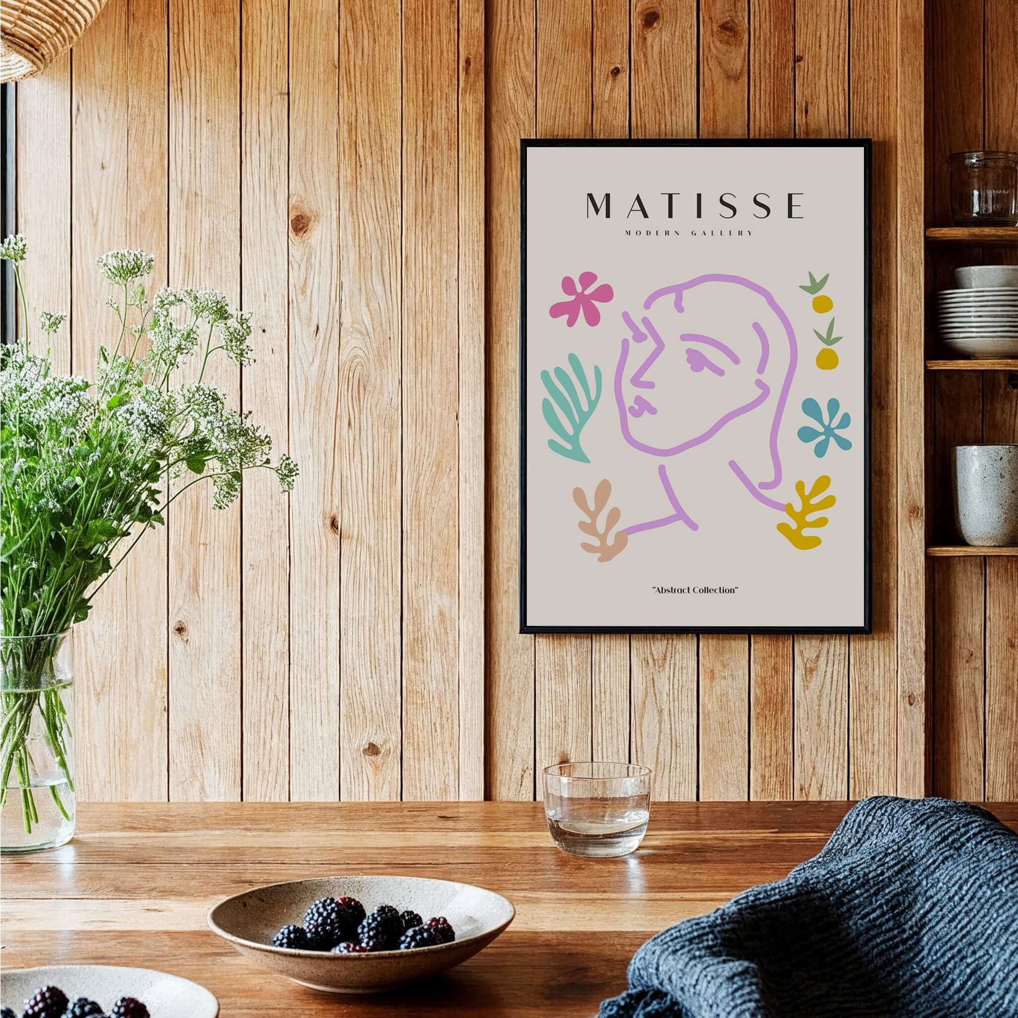 Matisse Art Prints -Line Art Face Abstract Botanical Collage Poster featuring lavender line drawing of abstract face and colorful botanicals.