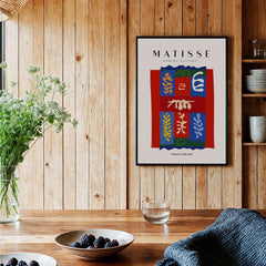 Matisse Art Prints - Patchwork Shapes Composition Poster on wooden wall with plants and table setting