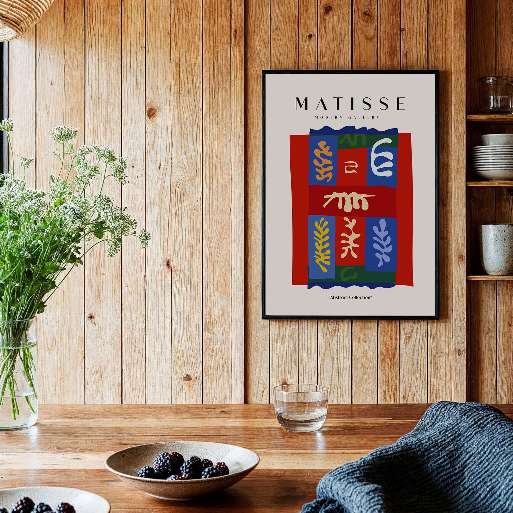 Matisse Art Prints - Patchwork Shapes Composition Poster on wooden wall with plants and table setting