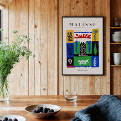 Matisse Art Prints -  Complex Abstract Botanical Patchwork Poster displayed on a wooden wall with decorative elements.