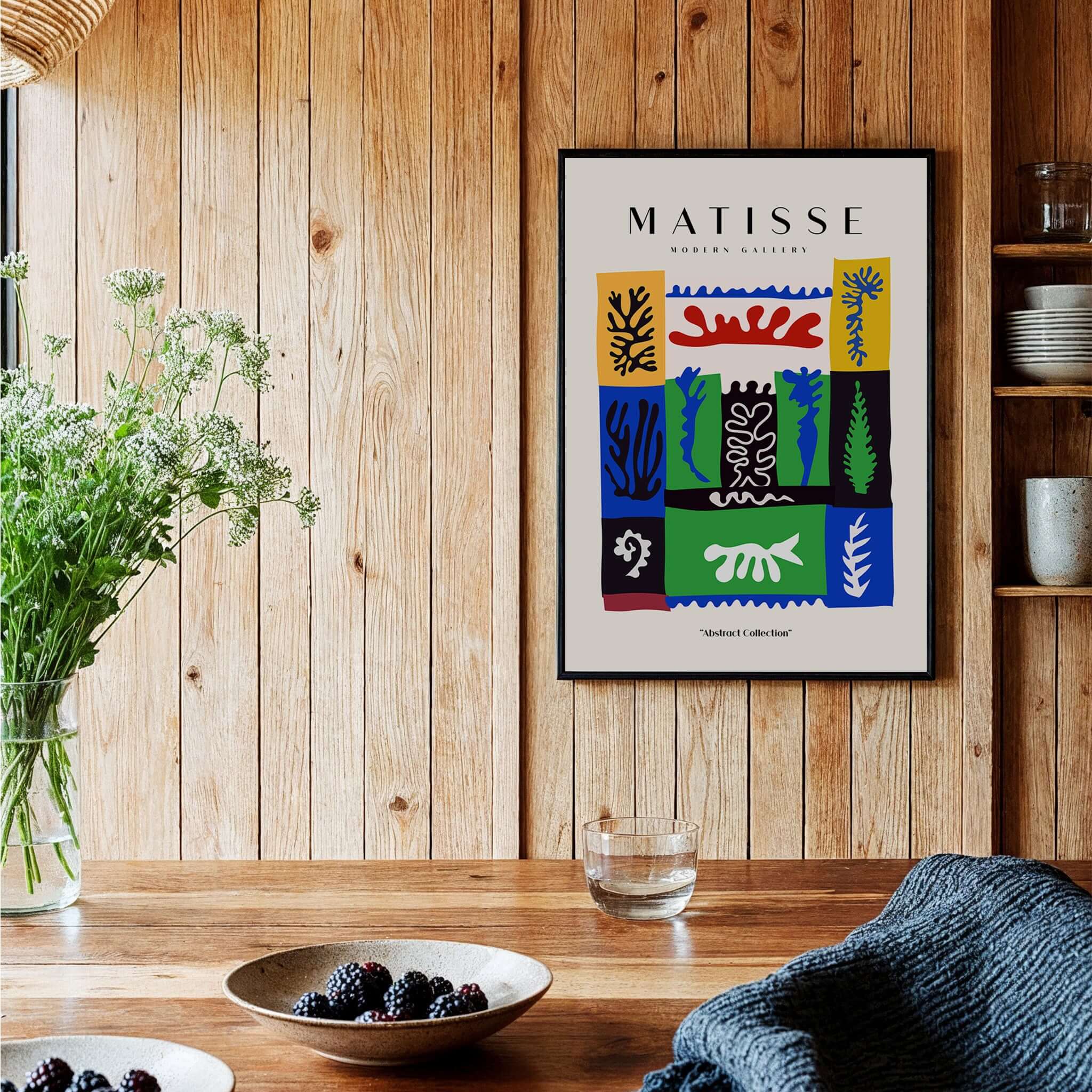 Matisse Art Prints -  Complex Abstract Botanical Patchwork Poster displayed on a wooden wall with decorative elements.