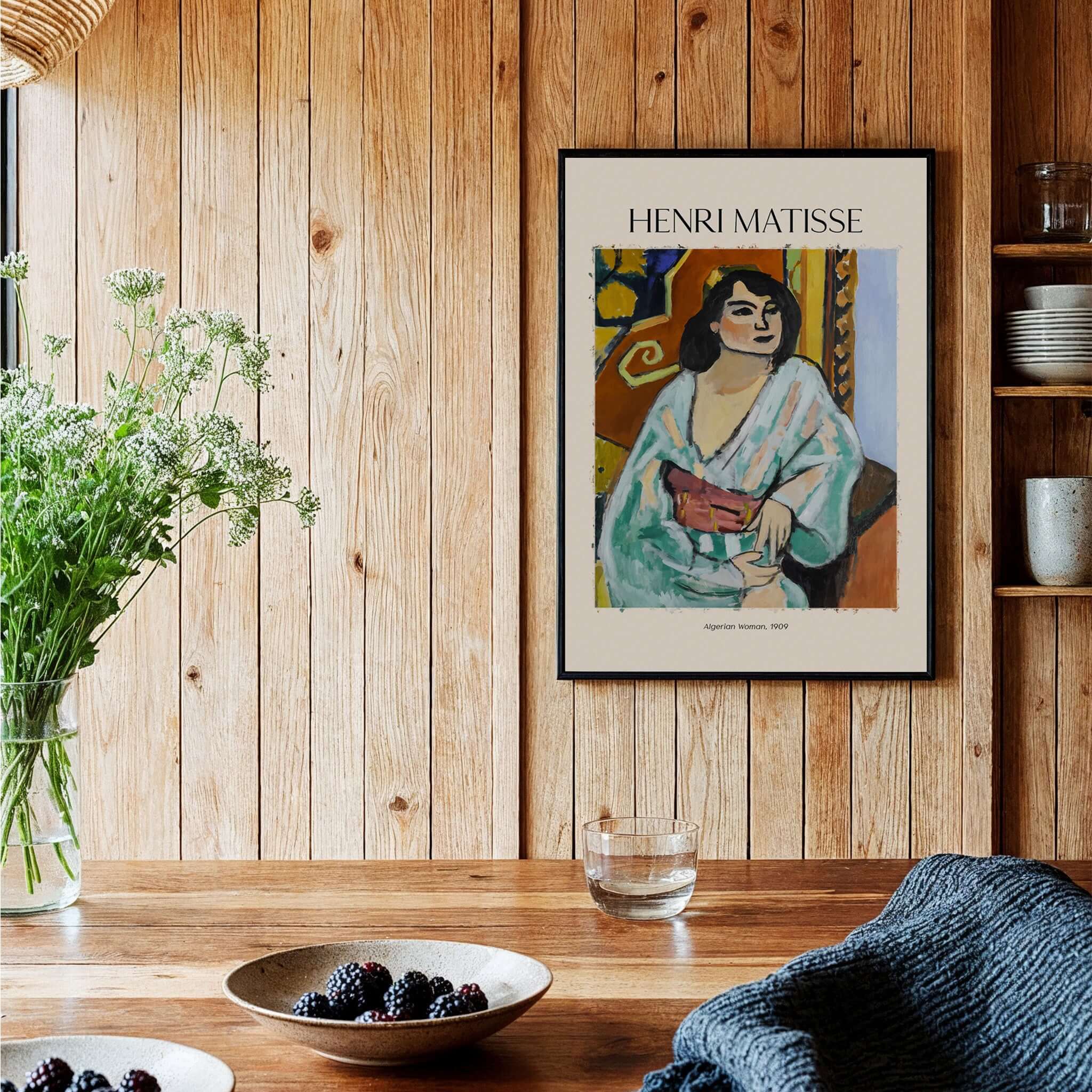 Matisse Poster - Algerian Woman 1909 Fauvist Wall Art Print displayed in a stylish wooden interior.