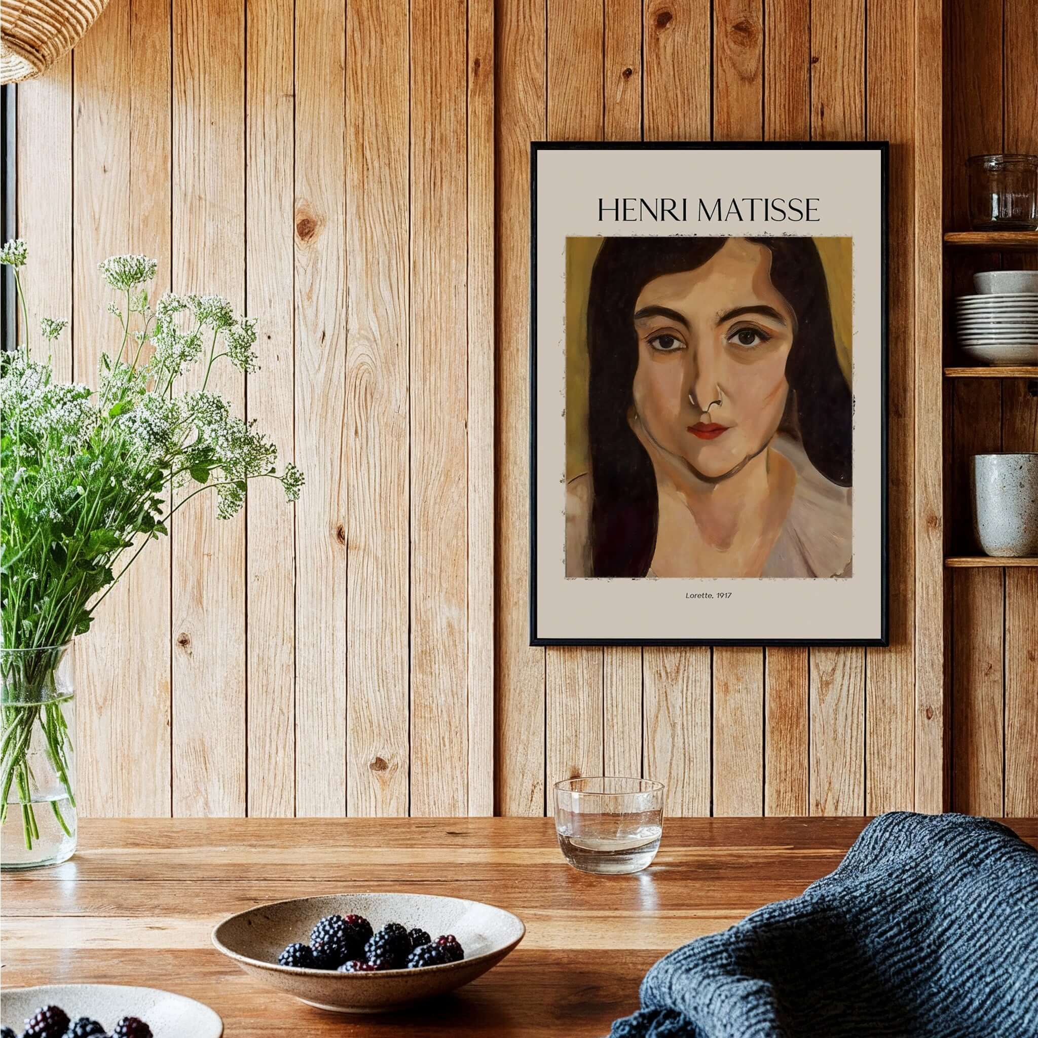 Matisse Art Print - Lorette 1917 Portrait Poster Print displayed in a cozy interior setting with wooden accents.
