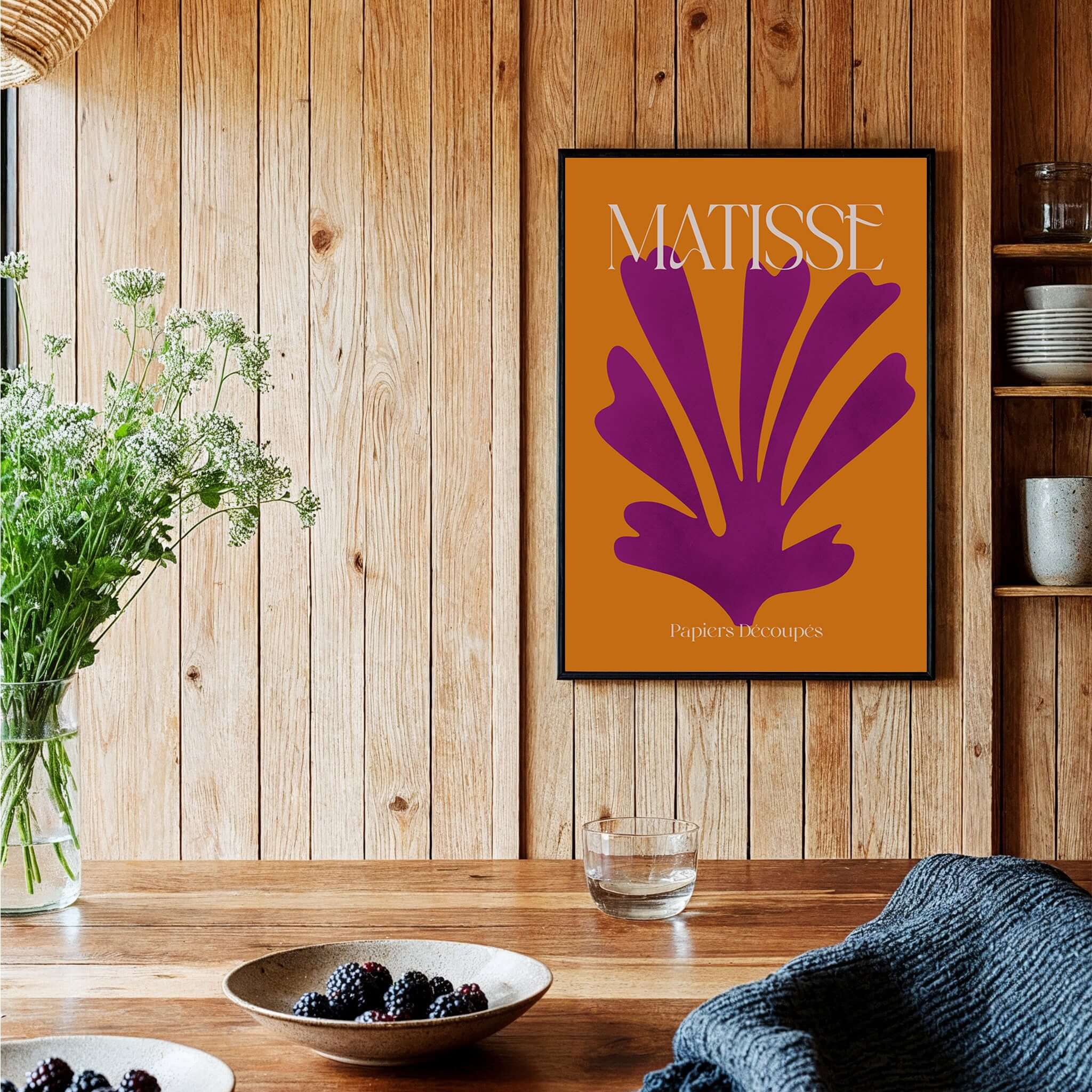 Matisse Papiers Découpés Purple Cut Out on Orange Background Abstract Art Print displayed in a modern home setting.
