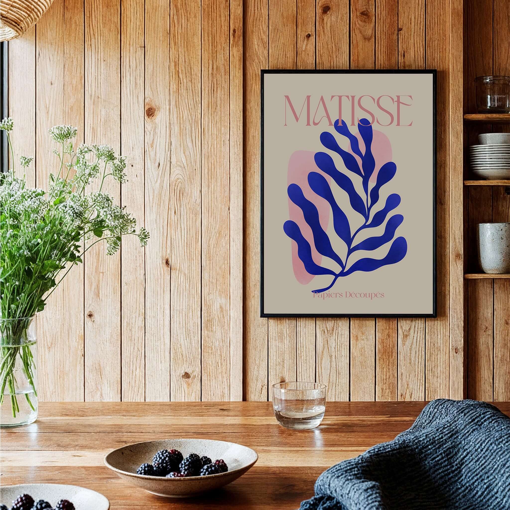 Matisse Blue Leaf Abstract Papiers Découpés Wall Art Print featuring a blue leaf against beige and pink background.