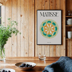 Matisse Art Print Rosace 1954 Rose Window Geometric Art Print displayed in a cozy interior with wooden accents.