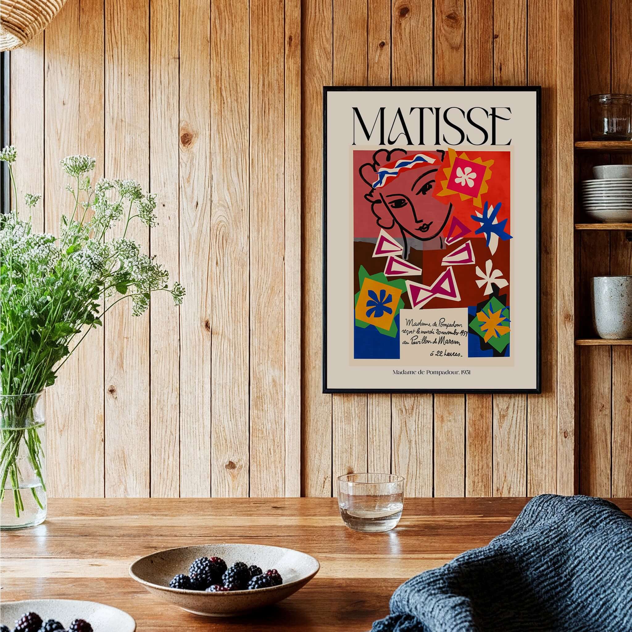 Matisse Art Print Madame de Pompadour 1951 Abstract Collage Poster displayed in a rustic kitchen setting.