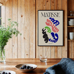 Matisse Art Print Lagoon 1947 Abstract Organic Shapes Wall Art Print displayed on a wooden wall with decorative elements.