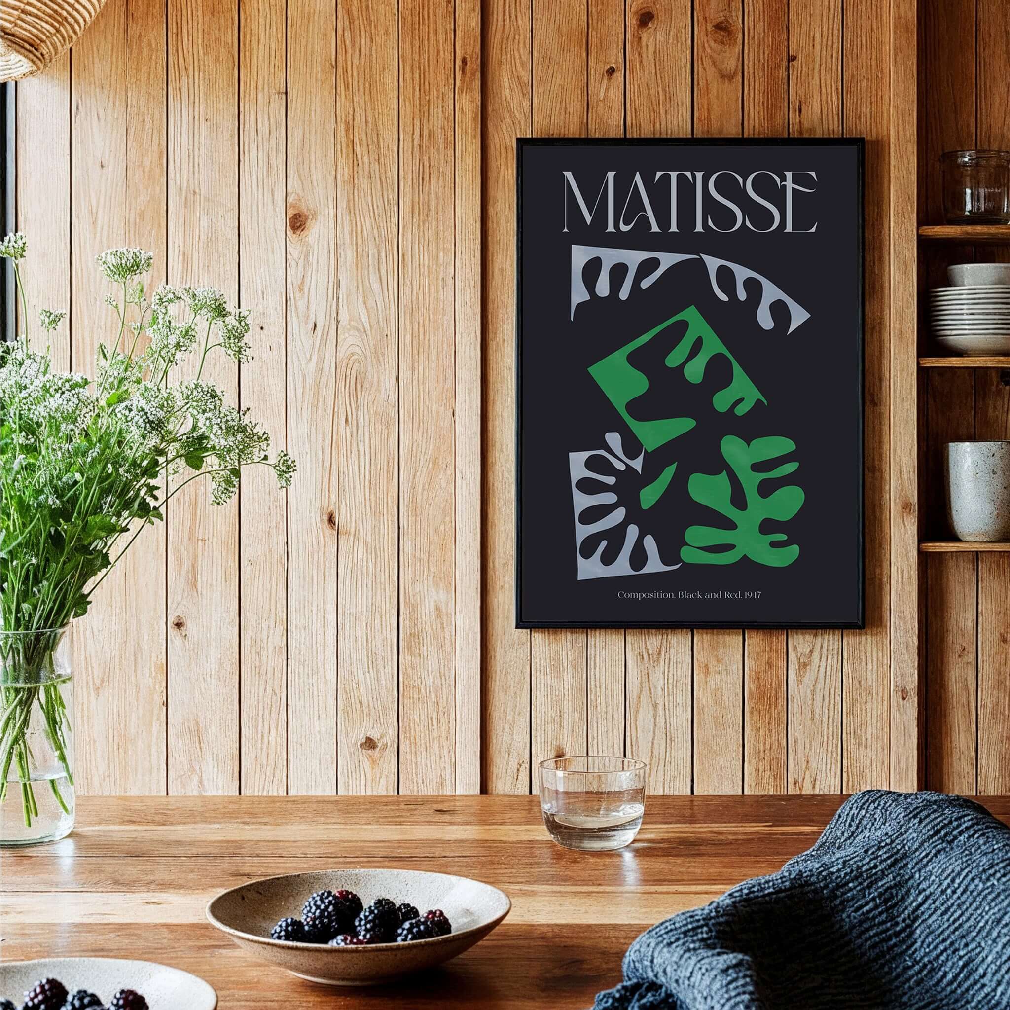 Matisse Art Print Composition Black Green White Abstract Poster 1947 displayed in a modern kitchen setting.