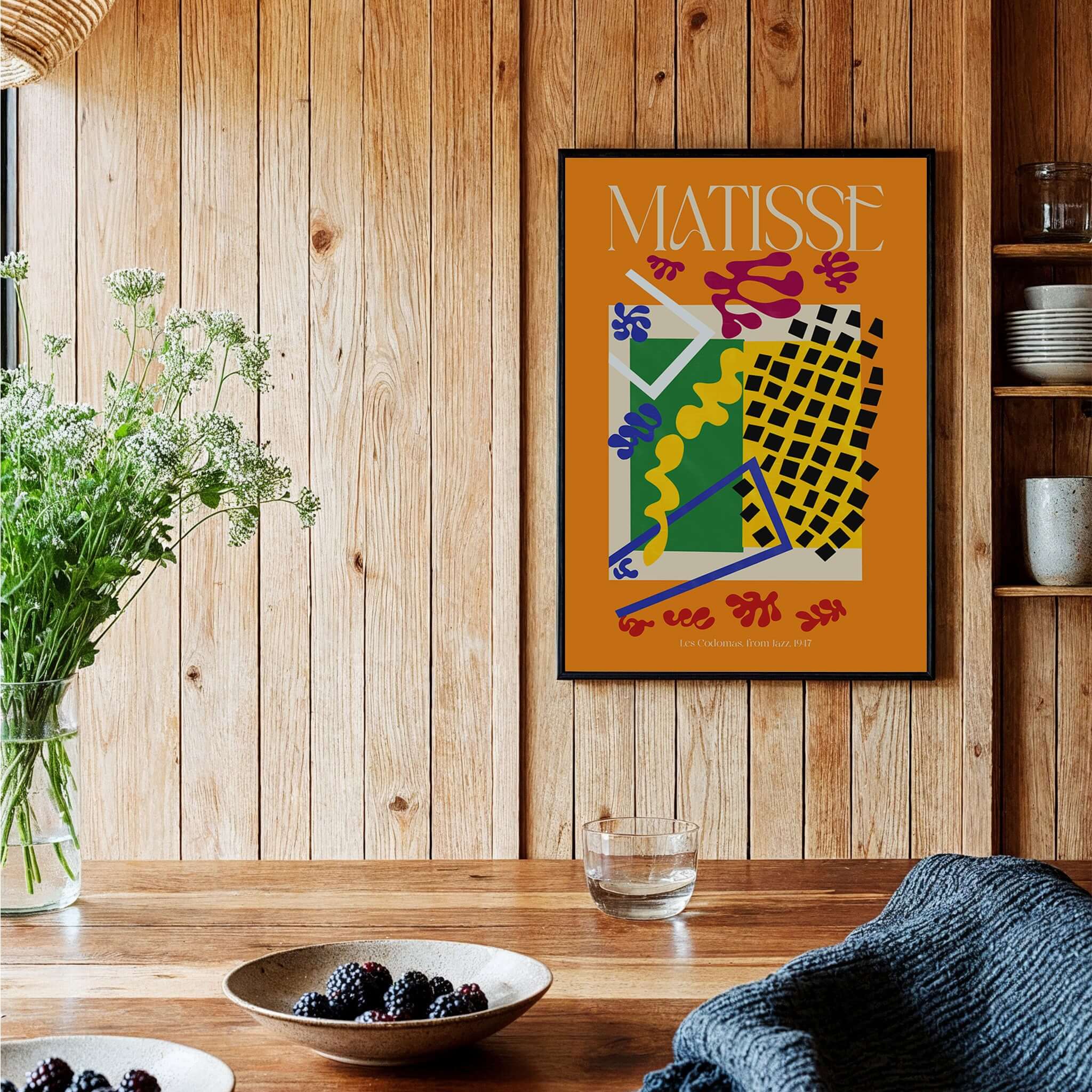 Matisse Art Print - Les Codomas Jazz 1947 Abstract Cut Out Art Poster displayed in a stylish wooden interior.