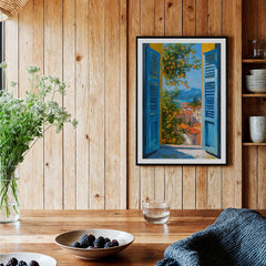 Matisse Open Window Art Print | French Riviera Sea View Poster elegantly displayed in a cozy room with wooden decor.