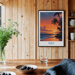 Maui Hawaii Poster | Vibrant Island Coastline Scene Canvas Print showcased in a cozy wooden interior with tropical decor.
