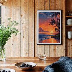 Maui Hawaii Travel Poster | Golden Hour Ocean Sunset Wall Art Print in a cozy interior with wooden walls.