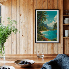 Maui Hawaii Wall Art Print | Lush Tropical Mountain Coast Travel Poster displayed in a rustic kitchen setting.