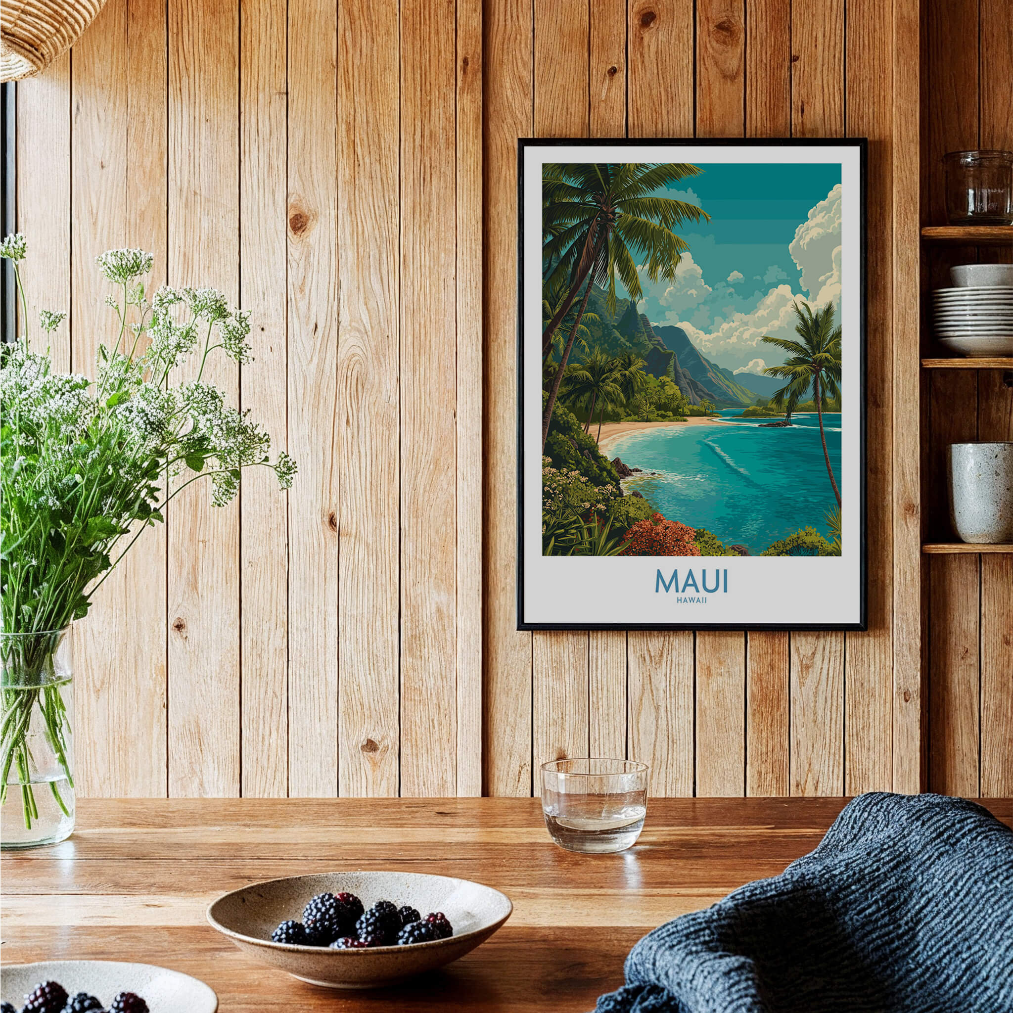Maui Hawaii Poster | Exotic Island Paradise Shoreline Canvas Print showcased in a stylish interior with natural elements.