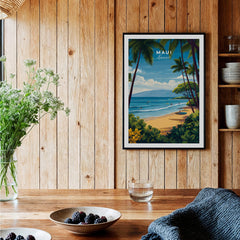Maui Hawaii Travel Poster | Sunny Surfing Beach Wall Art Print on a wooden wall, featuring vibrant colors and coastal scenery.