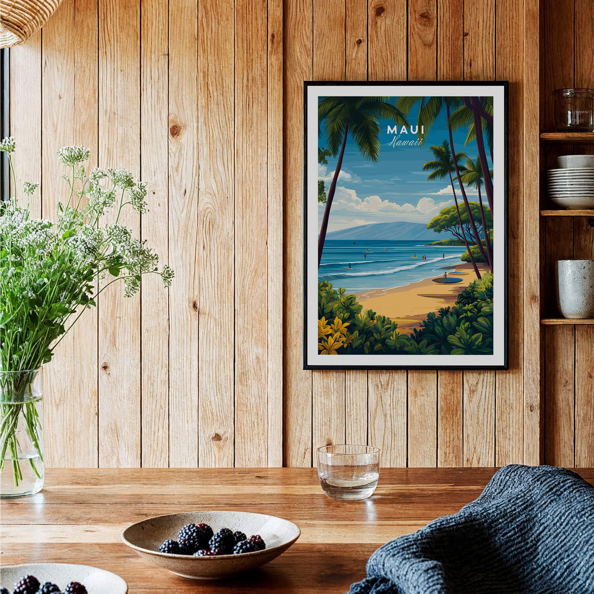 Maui Hawaii Travel Poster | Sunny Surfing Beach Wall Art Print on a wooden wall, featuring vibrant colors and coastal scenery.