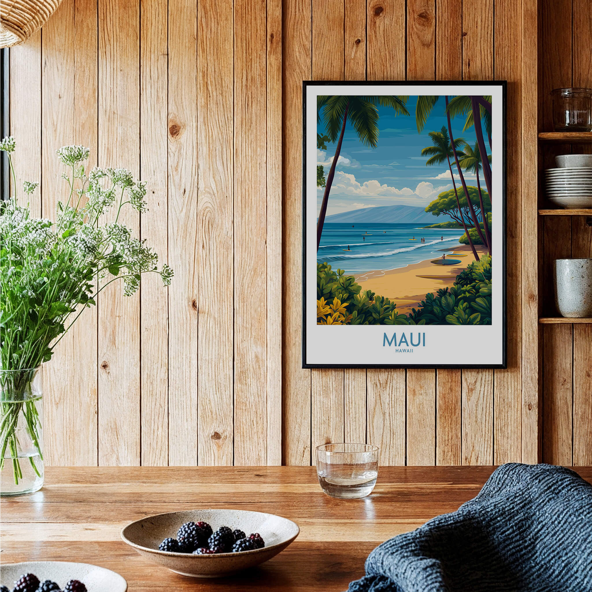 Maui Canvas Print | Hawaii Tropical Palm Trees & Waves Poster displayed in a warm wooden interior, showcasing lush nature and ocean view.