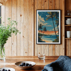 Maui Wall Art Print | Hawaii Evening Coastal Landscape Travel Poster displayed on a wooden wall with plants.