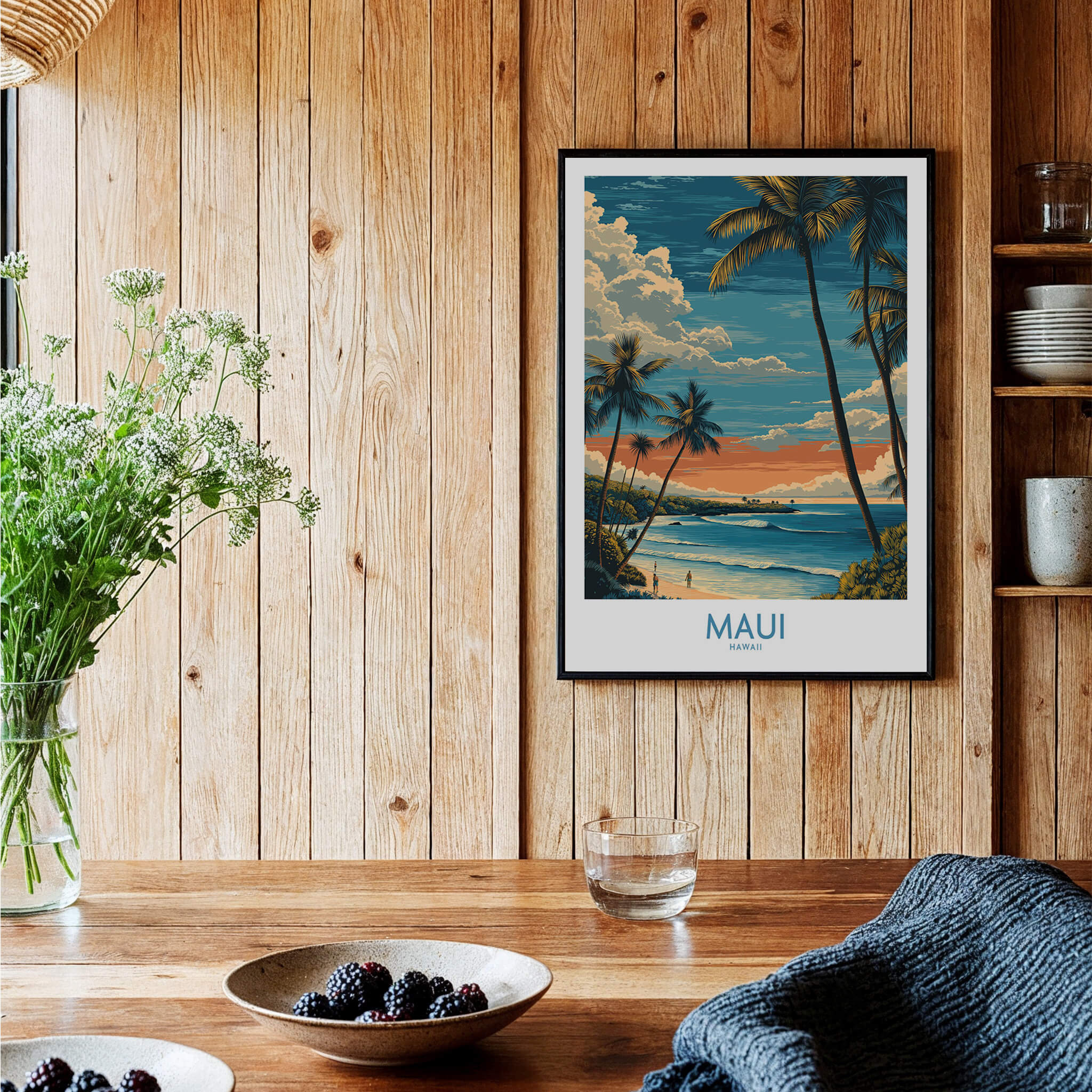 Maui Hawaii Poster | Tropical Twilight Shoreline Canvas Print displayed in a cozy room setting with wooden decor.