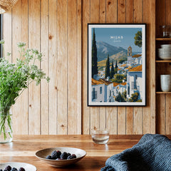 Mijas Spain Wall Art Print | Andalusian White Village Travel Poster displayed in a cozy interior, showcasing picturesque architecture.