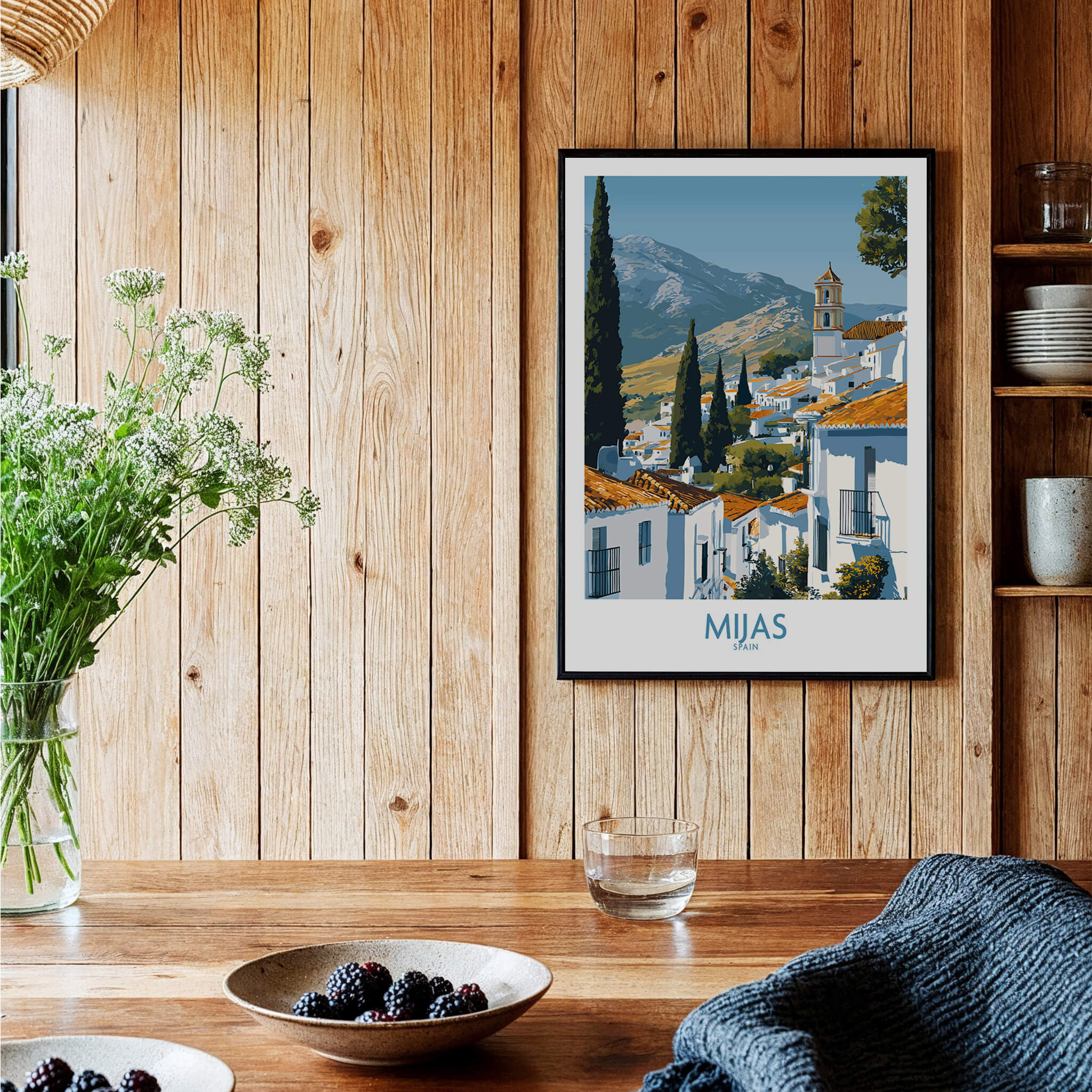 Mijas Spain Poster | Scenic Mountain Town Landscape Canvas Print displayed in a cozy interior setting.