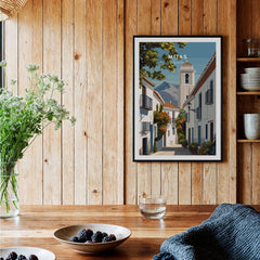 Mijas Spain Travel Poster | Traditional White Street Wall Art Print featuring charming cobblestone streets and white-washed buildings.