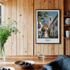Mijas Spain Canvas Print | Historic Spanish Village Scene Poster displayed in a cozy interior setting