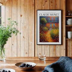 Claude Monet Poster Print - Wall Art for Room Decor - Impressionist Exhibition Print displayed in a cozy wooden kitchen.