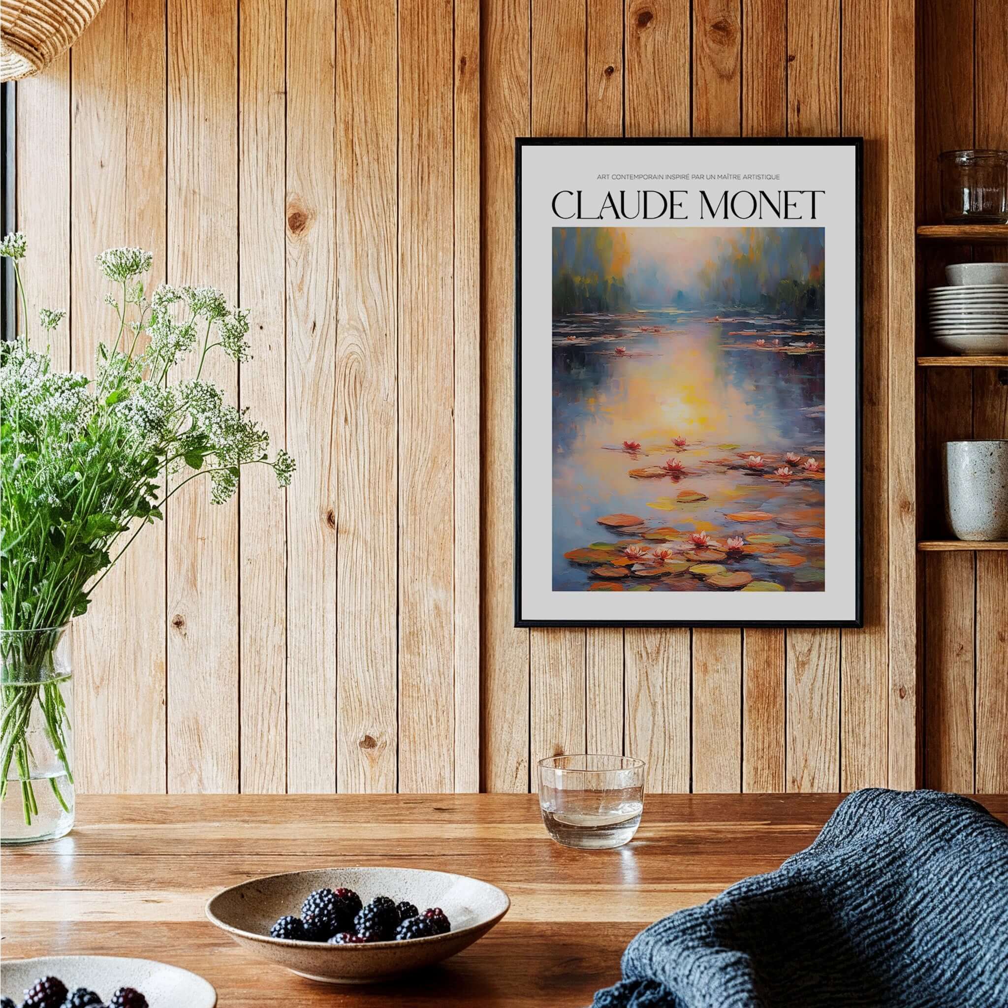 Claude Monet Wall Art Print - Vintage Home Decor Poster Impressionist Artwork framed on wooden wall with flowers and fruits.