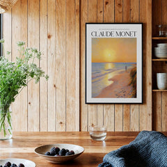 Monet Beach Artwork - Impressionist Room Decor - Coastal Sunset Stroll Beach Wall Art in a cozy kitchen setting.
