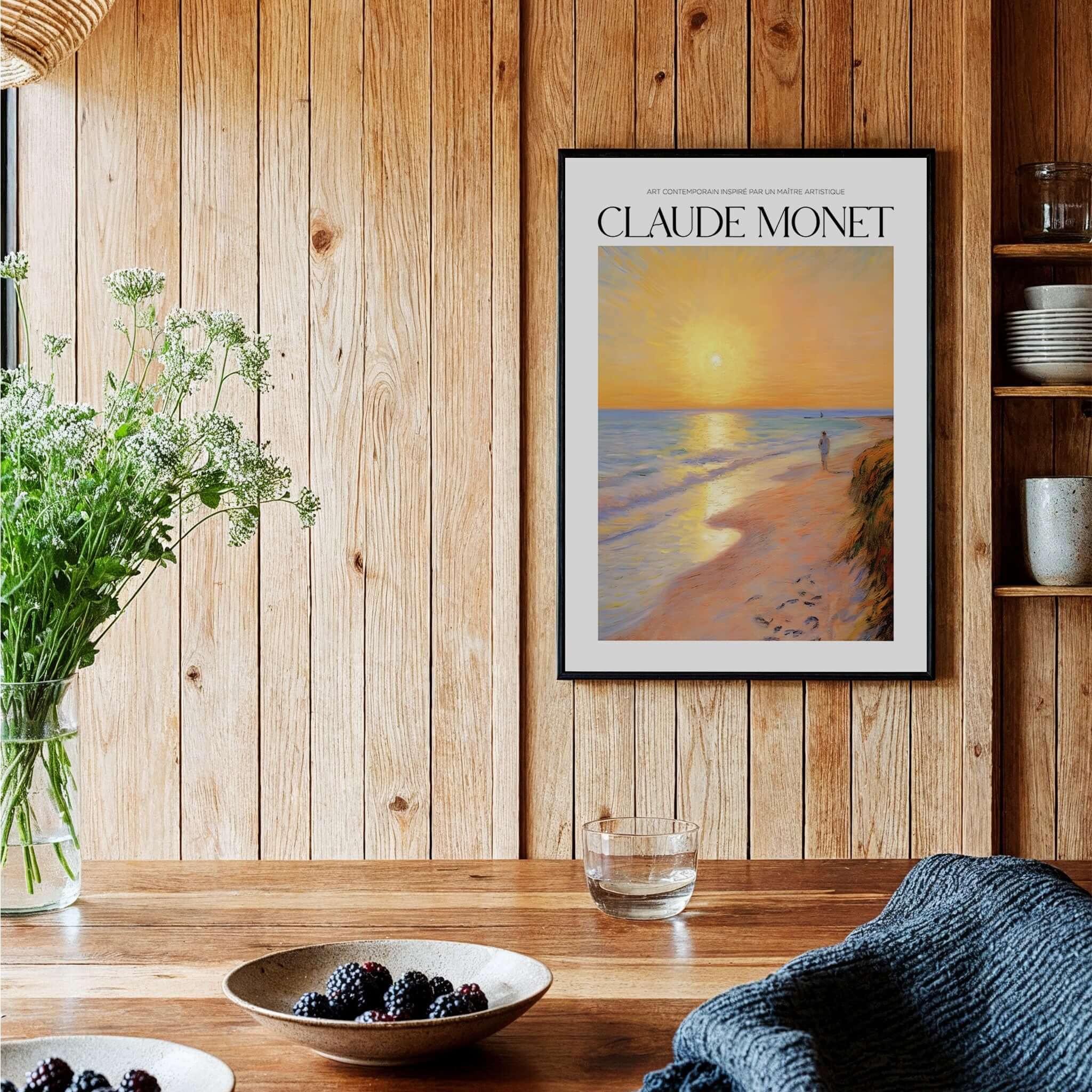 Monet Beach Artwork - Impressionist Room Decor - Coastal Sunset Stroll Beach Wall Art in a cozy kitchen setting.