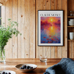 Claude Monet Vibrant Sunset Water Lilies Wall Art - Lake Reflection Print displayed in a cozy home setting.
