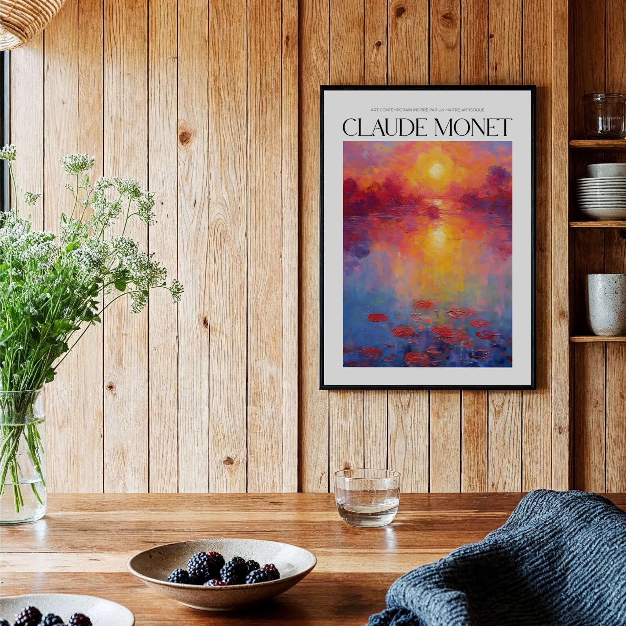 Claude Monet Vibrant Sunset Water Lilies Wall Art - Lake Reflection Print displayed in a cozy home setting.