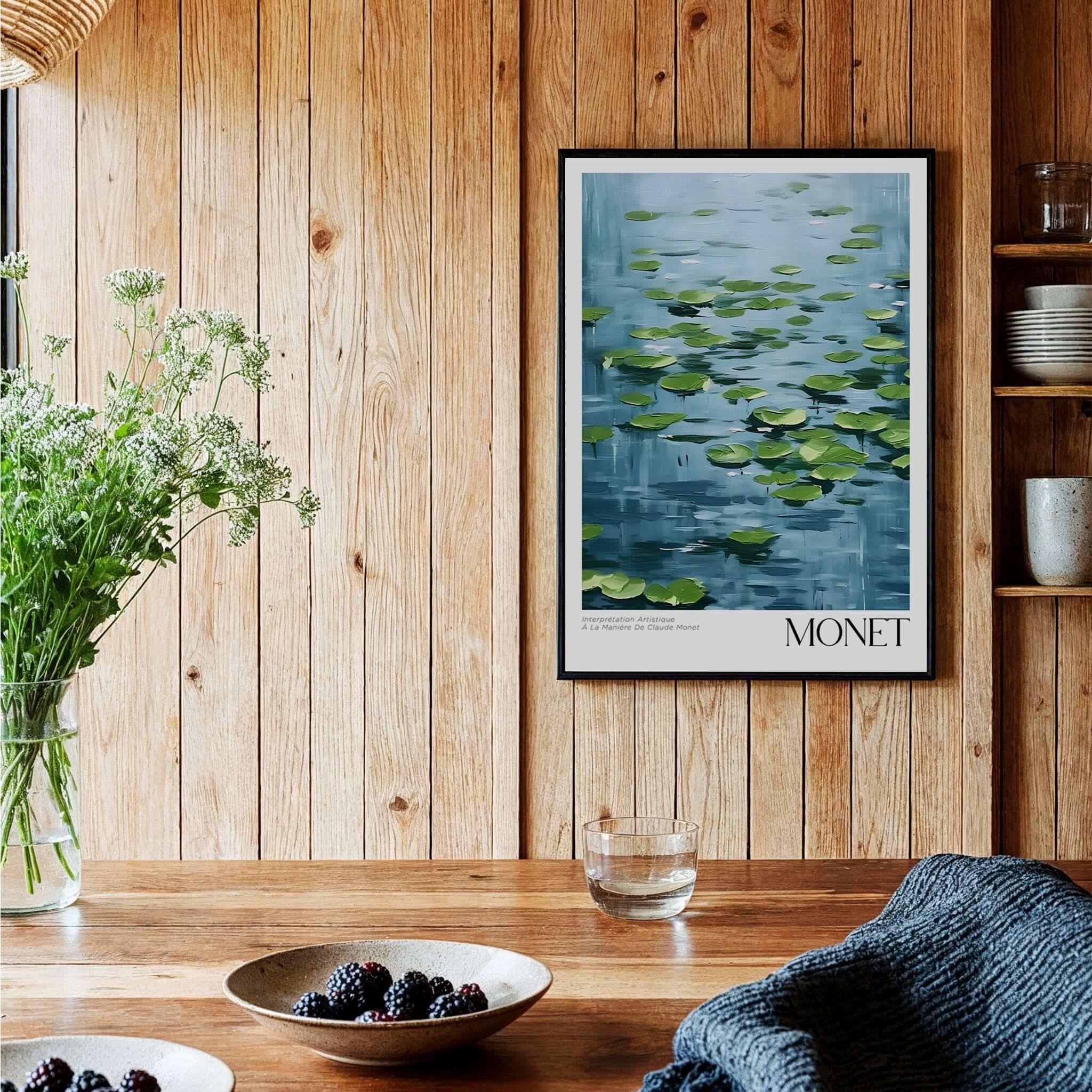 Claude Monet Print - Calm Lily Pads on Blue Water Wall Art framed on wooden wall with decor.