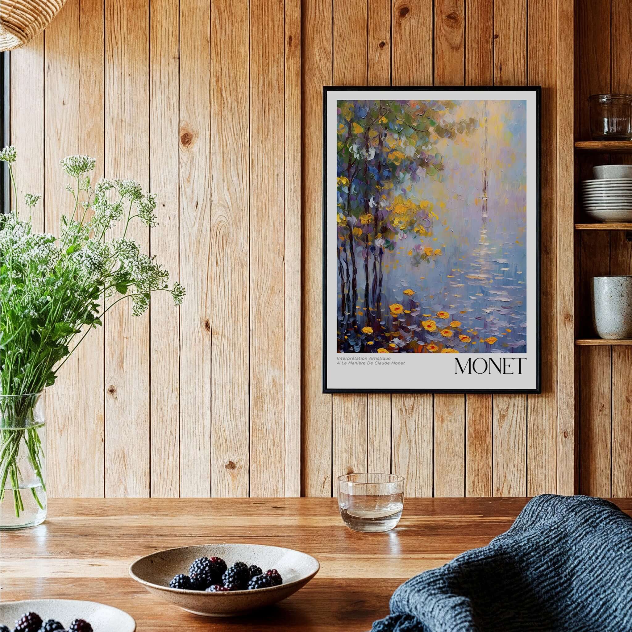 Claude Monet Art Print - Impressionist Wall Art Poster - Monet Framed Print displayed on a wooden wall with plants and table decor.