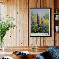 Claude Monet Art Print - Wildflower Meadow Purple Floral Print showcasing vibrant purple wildflowers in a cozy interior setting.