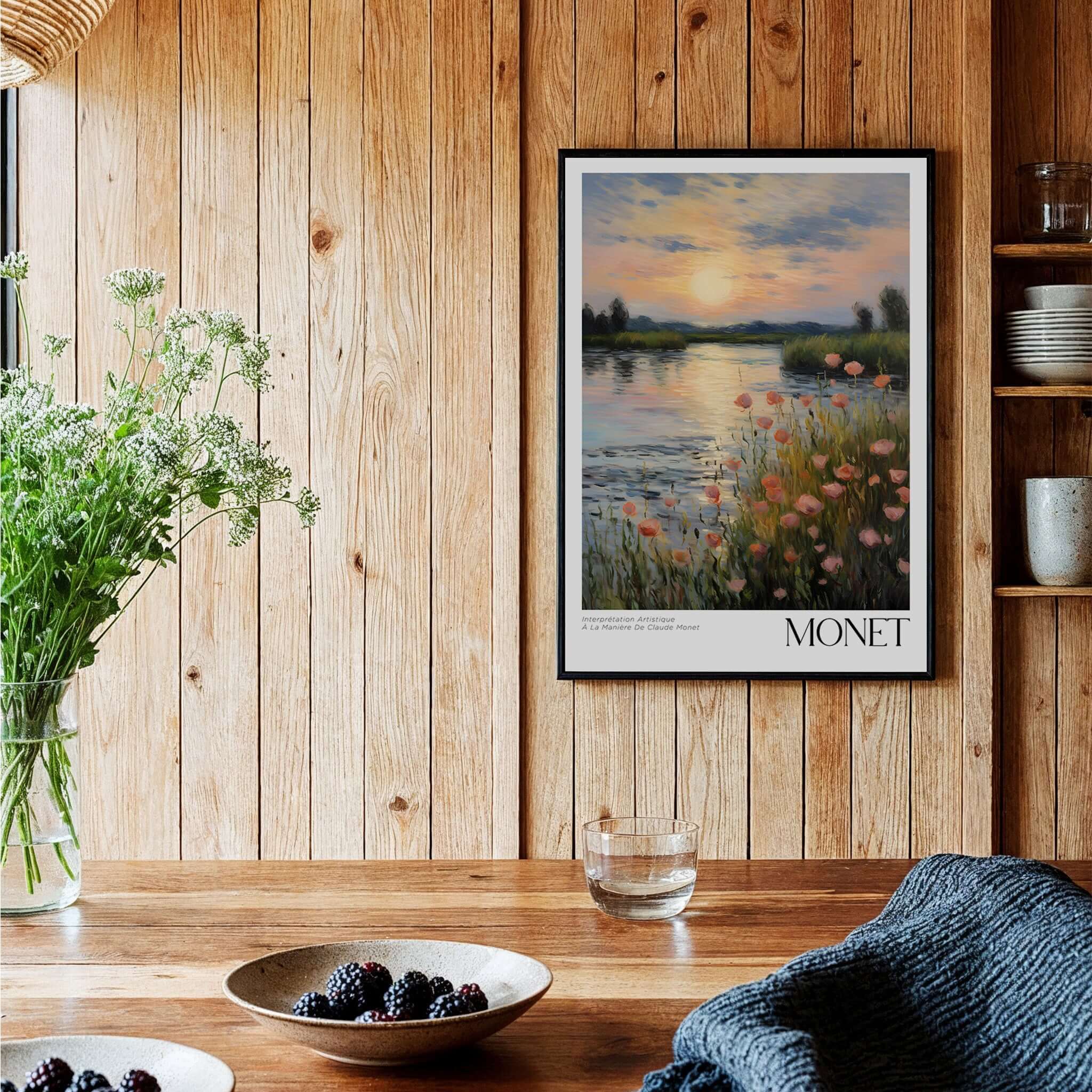 Claude Monet Wall Art Print - Sunset River Poppies displayed in a cozy interior with flowers and fruit.