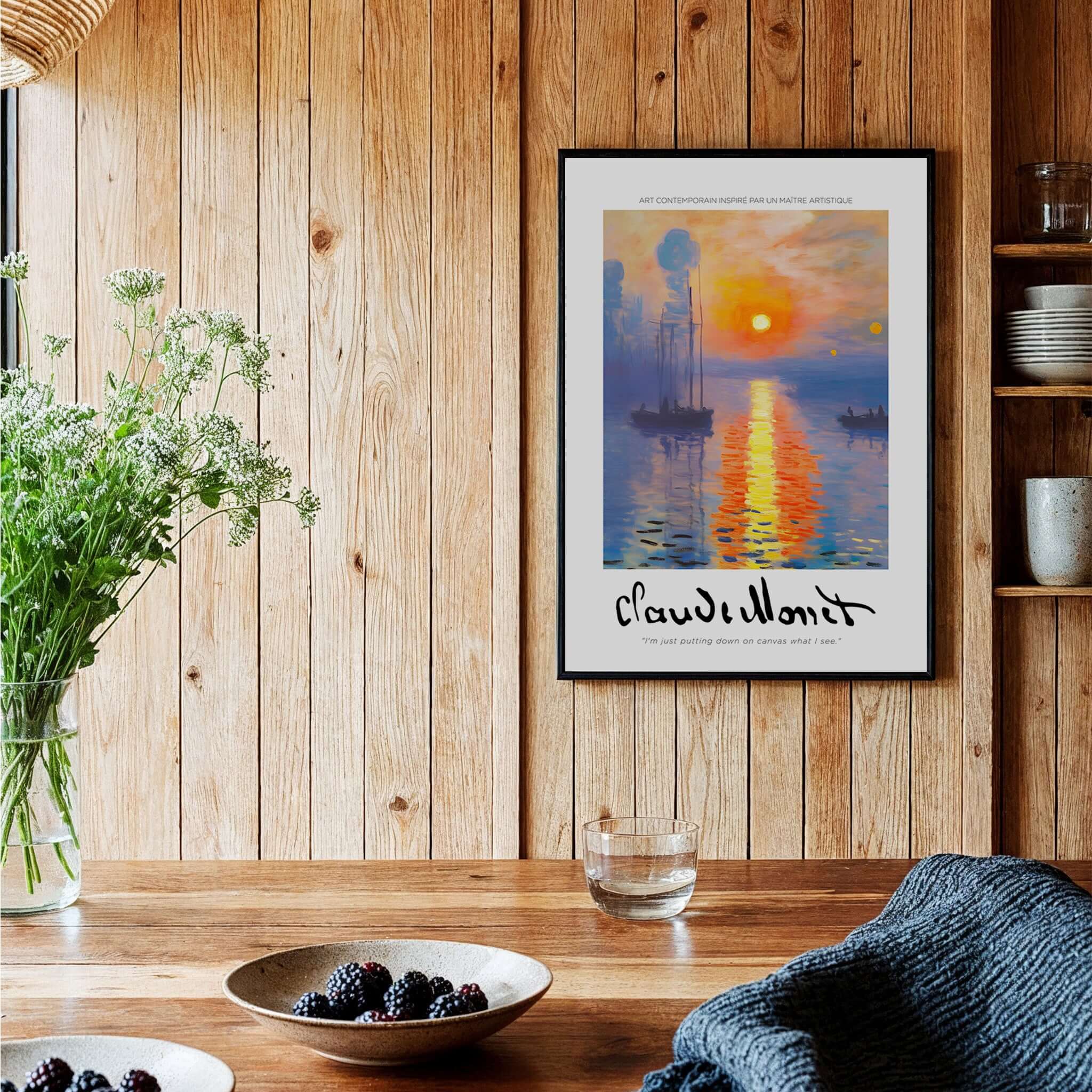 Claude Monet Art Print - Impressionist Sunrise Harbor Wall Art displayed in a cozy interior setting with wooden decor.