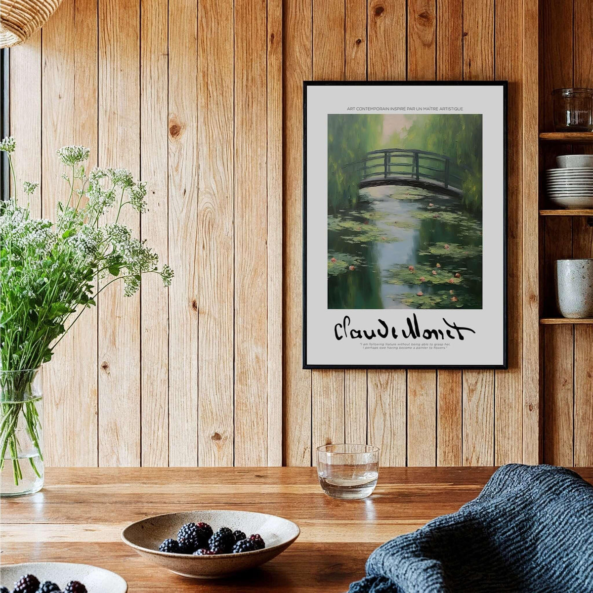 Claude Monet Art Print - Japanese Bridge Monet Water Lilies Print - Garden Pond Wall Art in a cozy interior setting.