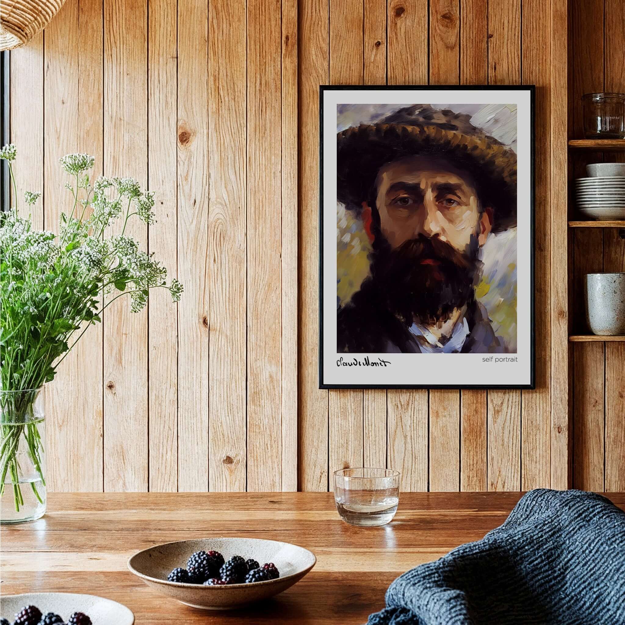 Claude Monet Self Portrait Wall Art - Impressionist Poster Print displayed in a cozy wooden interior.