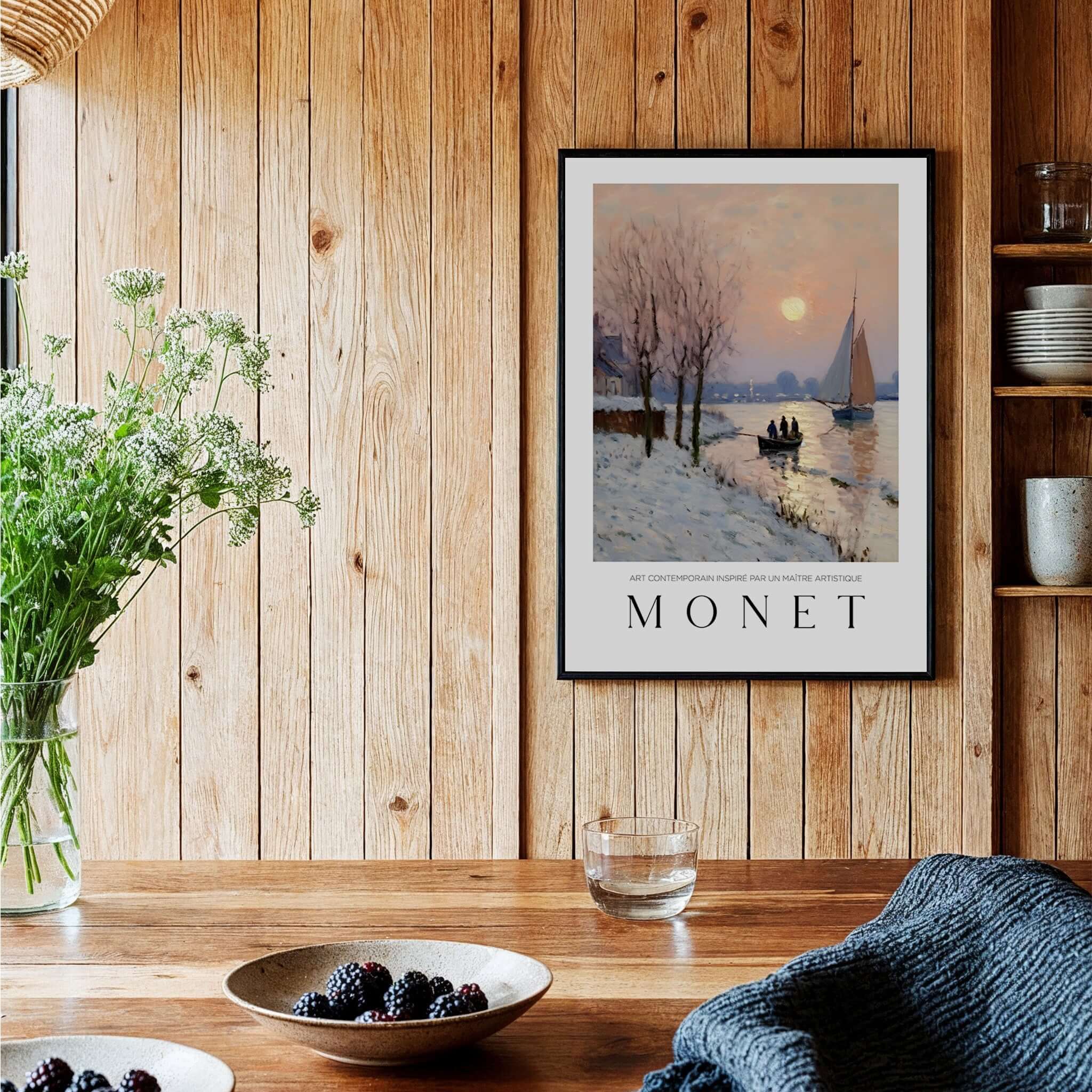 Claude Monet Poster - Winter River Sunset Wall Art - Snow Scene Print displayed in a cozy wooden kitchen setting.