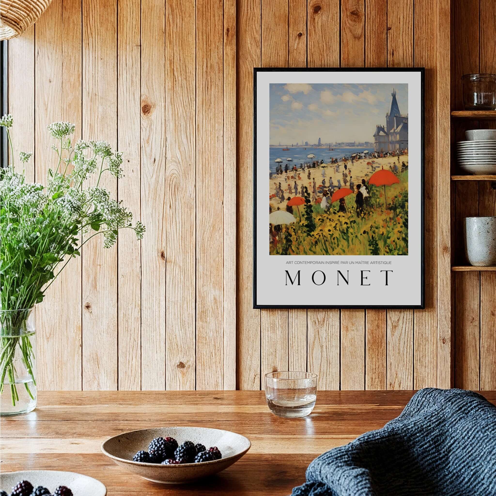 Claude Monet Art Print - Sunny Beach Resort with Flowers Poster hanging in a wooden kitchen setting with flowers.