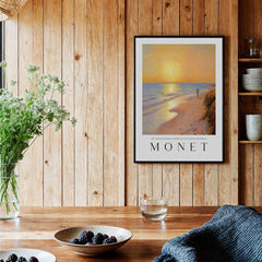 Claude Monet Art Print - Golden Hour Beach Stroll Wall Art displayed on a wooden wall with flowers and fruit.