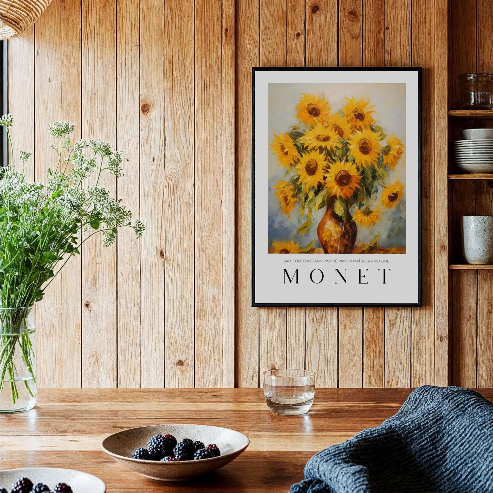 Claude Monet Art Print - Radiant Sunflowers in Vase Wall Art featuring vibrant sunflowers in a rustic setting.