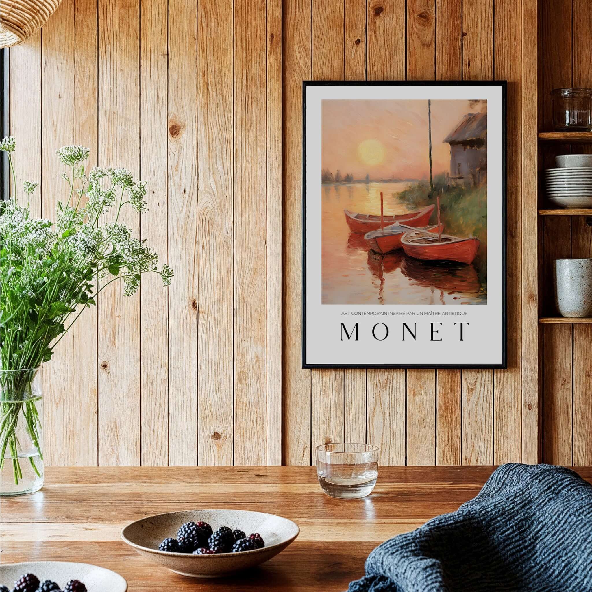 Claude Monet Art Print - Red Boats at Sunset Riverbank Wall Art displayed in a rustic interior with wooden decor.