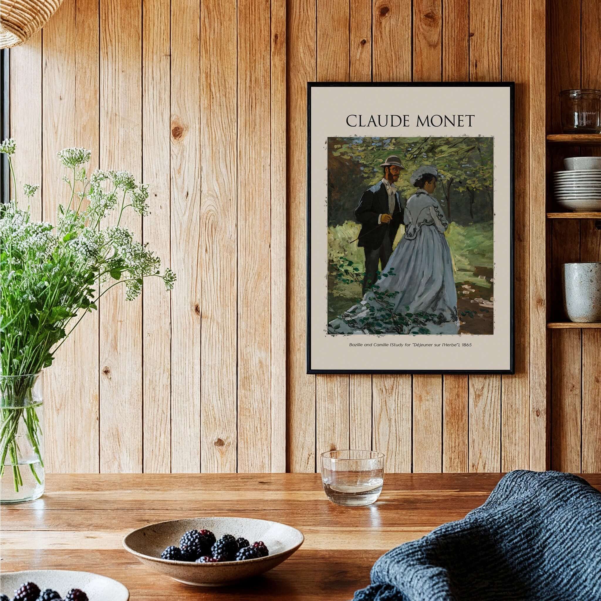 Monet Bazille and Camille Déjeuner sur l Herbe Study Impressionist Poster Art Print displayed in a rustic wooden setting.