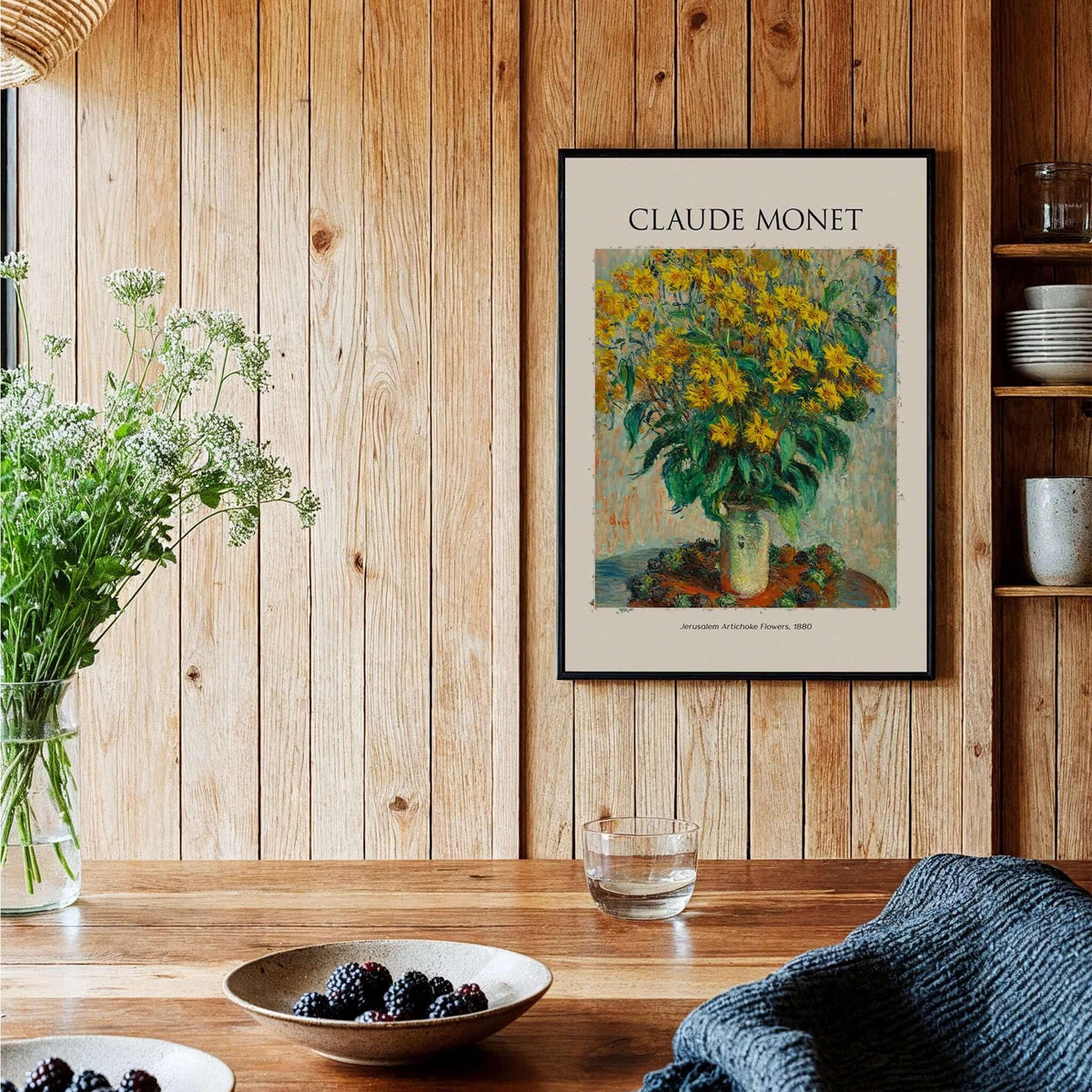 Monet Jerusalem Artichoke Flowers Still Life Floral Art Print Poster displayed in a rustic kitchen setting.