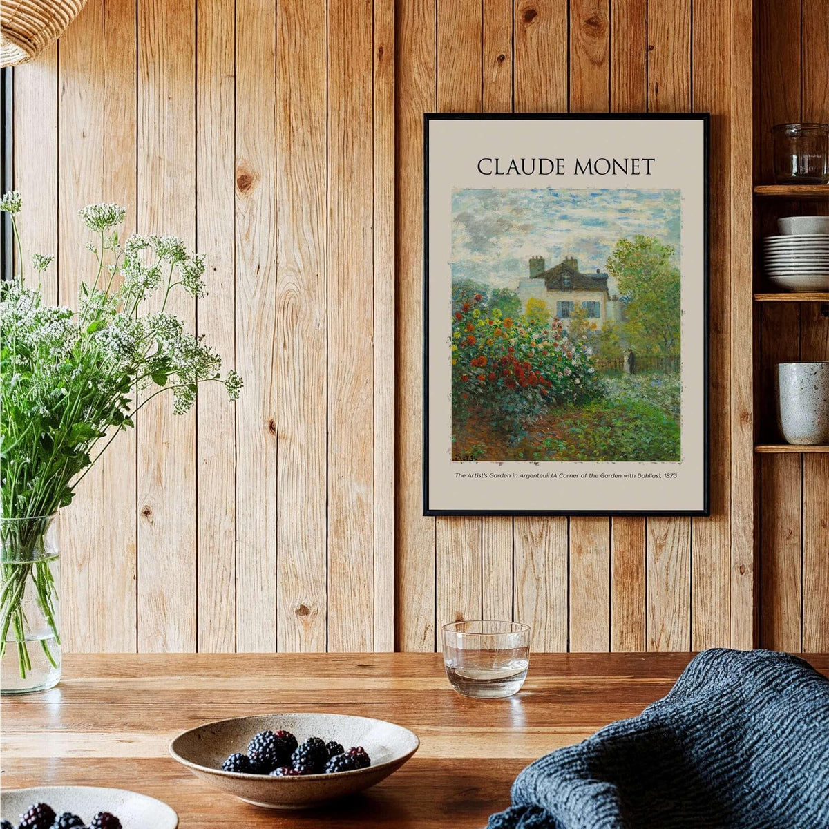 Monet Artists Garden Argenteuil Dahlias Floral Impressionist Poster Art Print displayed in a home setting.